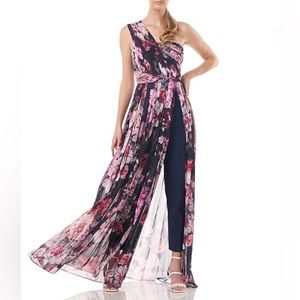 Kay Unger Navy Pink Floral Layla Walk Thru Jumpsuit with Maxi Dress Overlay